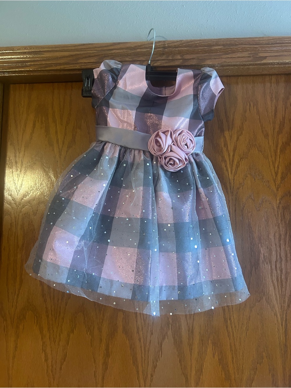 Bonnie Jean Pink and Gray Plaid Tulle Dress with Rosette Waist